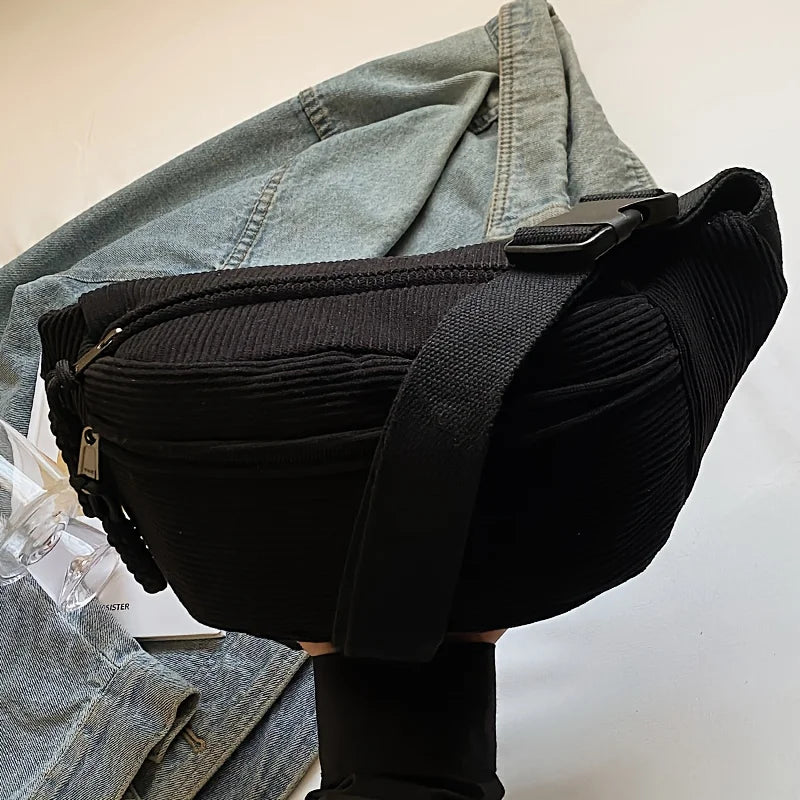 Vintage Corduroy Crossbody Waist Bag - Adjustable Multi-Pocket Travel Bag
