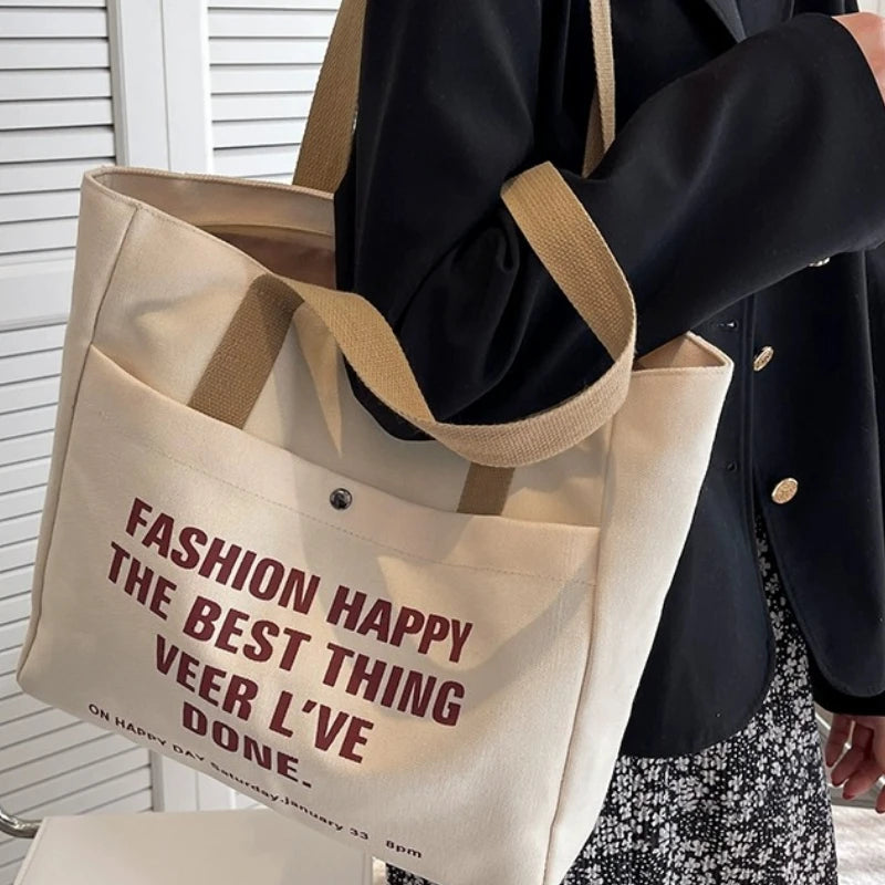 Canvas Tote Bag - Large Capacity Student Shoulder Bag with Zipper