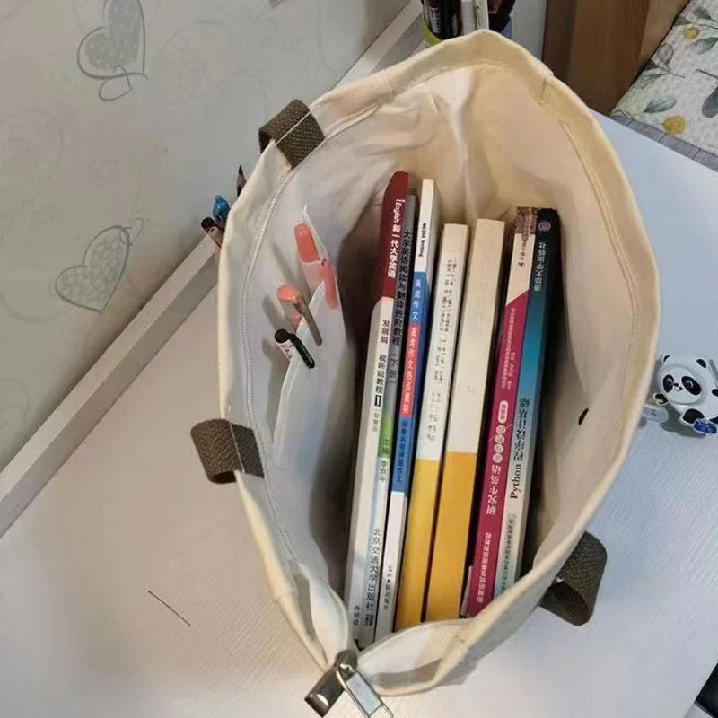 Canvas Tote Bag - Large Capacity Student Shoulder Bag with Zipper