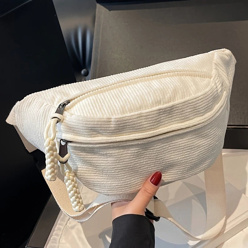 Vintage Corduroy Crossbody Waist Bag - Adjustable Multi-Pocket Travel Bag