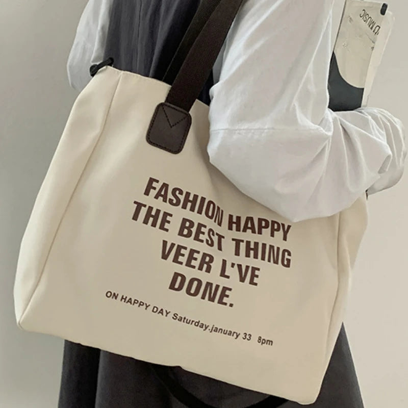 Canvas Tote Bag - Large Capacity Student Shoulder Bag with Zipper