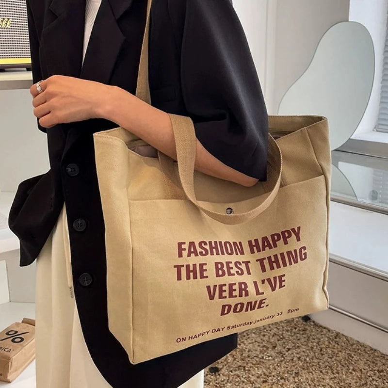 Canvas Tote Bag - Large Capacity Student Shoulder Bag with Zipper