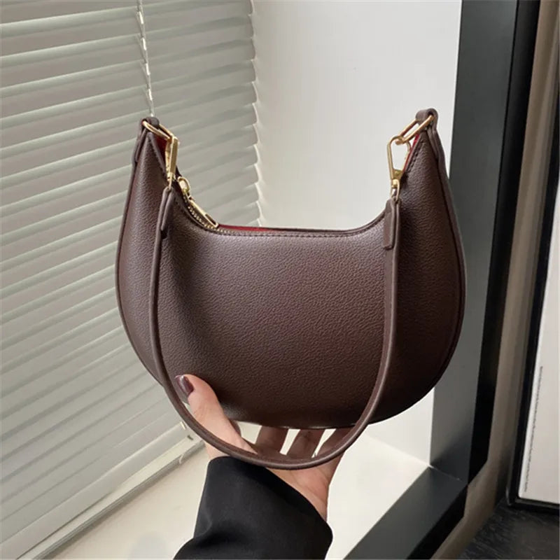 Vintage Half Moon Tote Bag - Retro PU Leather Shoulder Handbag