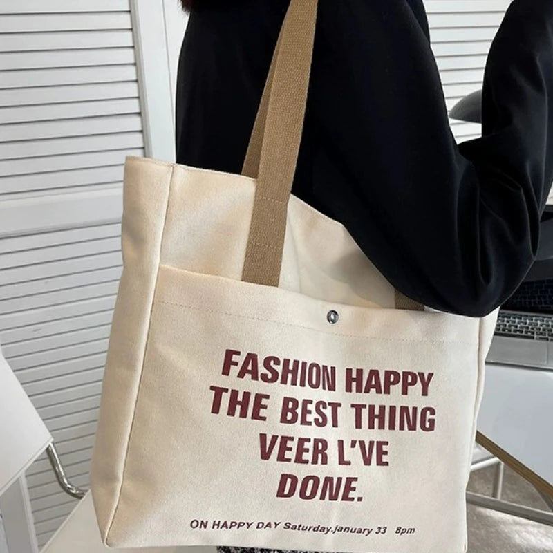 Canvas Tote Bag - Large Capacity Student Shoulder Bag with Zipper