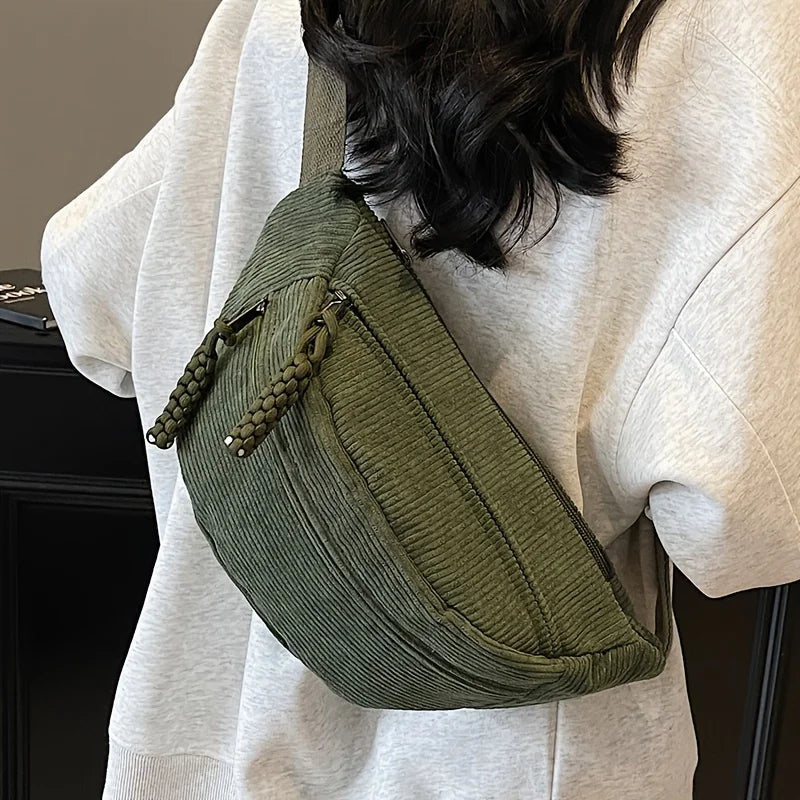 Vintage Corduroy Crossbody Waist Bag - Adjustable Multi-Pocket Travel Bag