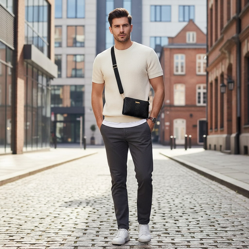 Male model with smaller handbag